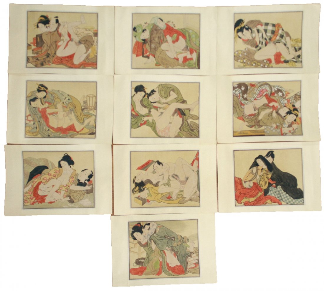 Ten (10) Japanese Shunga Erotic-Subject Paper Paintings: Ten (10) Japanese Shunga Erotic-Subject Paper Paintings: each finely painted with scenes of amorous couples, ink and color on paper, of 19th Century; Size: H: 12-1/2"; W: 18-1/2" (each)