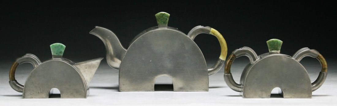 Three (3) Chinese Antique Jade & Tin Tea set: Three (3) Chinese Antique Jade & Tin Tea set; Size: L: 9" (biggest)