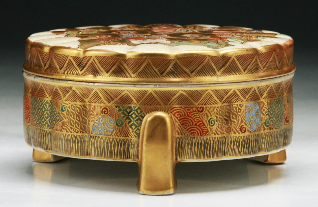 A Fine Japanese Antique Gilt Satsuma Porcelain Box: A Fine Japanese Antique Gilt Satsuma Porcelain Box With Cover: of 19th Century; Size: D: 4-3/4"