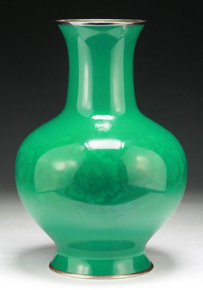 A Big & Rare Japanese Antique Silver Ando Cloisonne: A Big & Rare Japanese Antique Silver Ando Cloisonne Vase: applied overall with vivid apple green glaze, Circa 1900; Size: H: 12"
