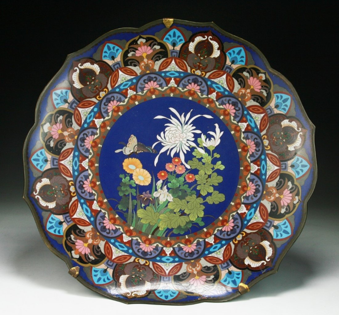 A Big Japanese Antique Silver Cloisonne Plate: A Big Japanese Antique Silver Cloisonne Plate: of late 19th Century; Size: D: 17-1/2"
