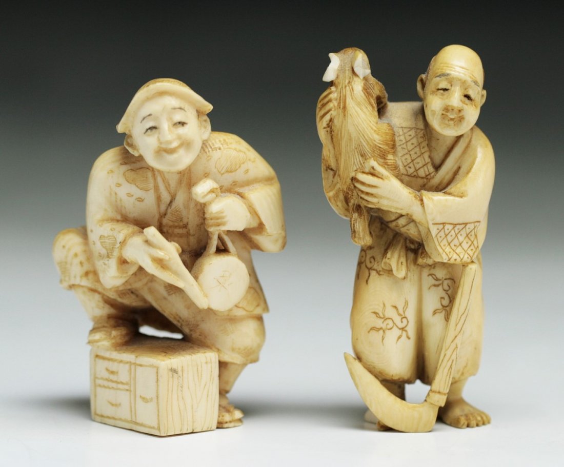 Two Carved Antique Ivory Netsuke: Two Carved Antique Ivory Netsuke; Size: H: 2"