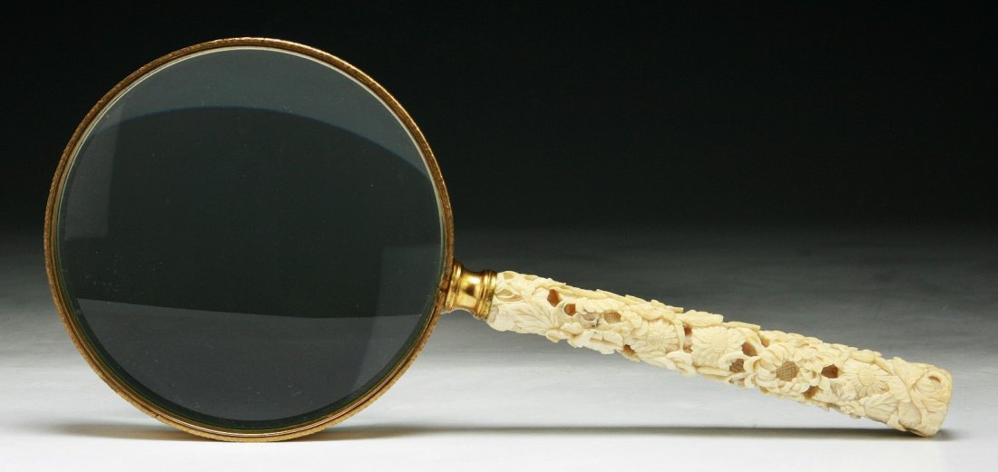 A Chinese Antique Gilt Magnifier With Ivory Handle: 清 象牙雕花柄鎏金放大鏡 A Chinese Antique Gilt Magnifier With Ivory Handle: with ivory handle of landscape scene, of Qing Dynasty; Siz