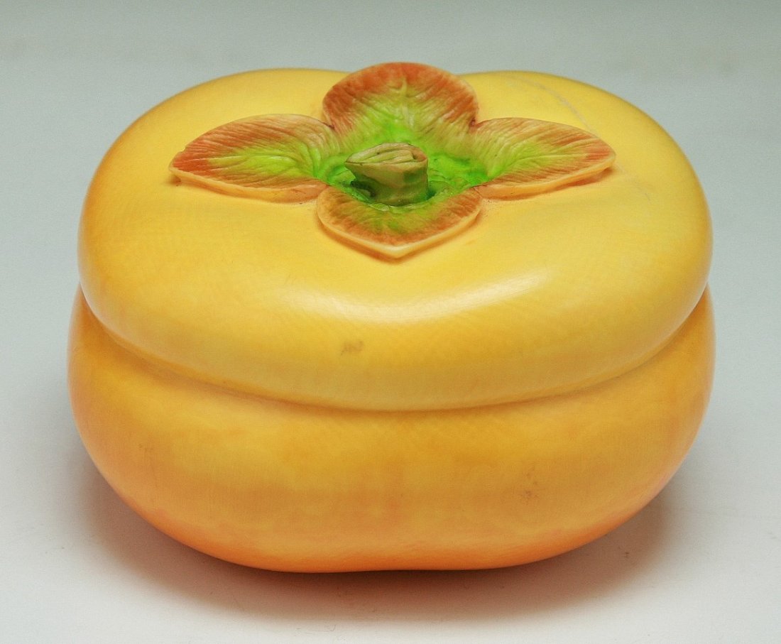 A Fine Chinese Antique Polychrome Ivory Persimmon: 民國時期 象牙雕仿生柿子 A Fine Chinese Antique Polychrome Ivory Persimmon: vividly carved and polychrome in the shape of a persimmon w