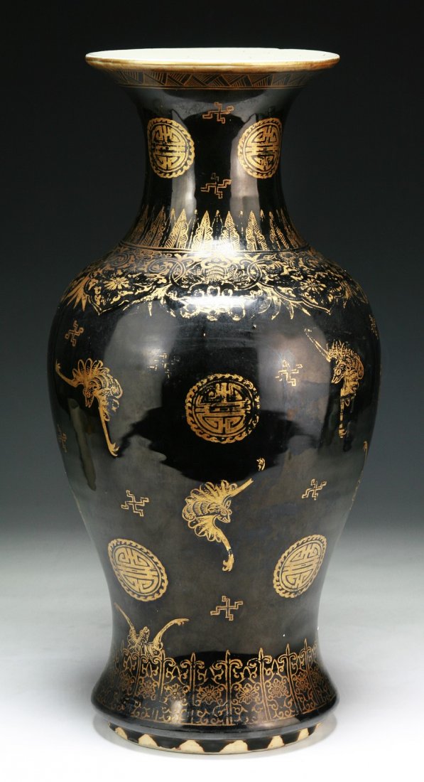 A Big Chinese Antique Gilt Black Glazed Porcelain Vase: A Big Chinese Antique Gilt Black Glazed Porcelain Vase: of elegant shouldered body with cylindrical neck rising to a flared rim, finely painted with 'shou' character medallions and other buddhist embl