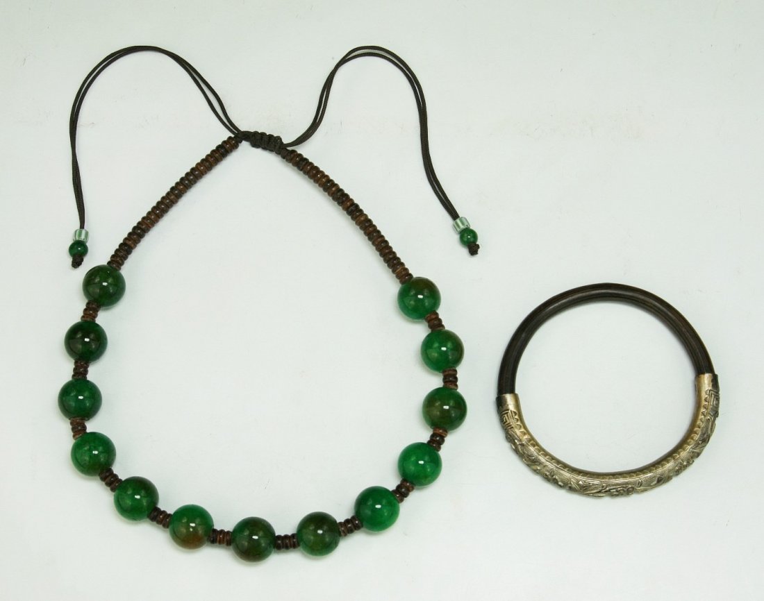 Two (2) Silver Bangle & Peking Glass Necklace: Two (2) Silver Bangle & Peking Glass Necklace; Size: L: 16"; (bead) D: 15.8mm (biggest)