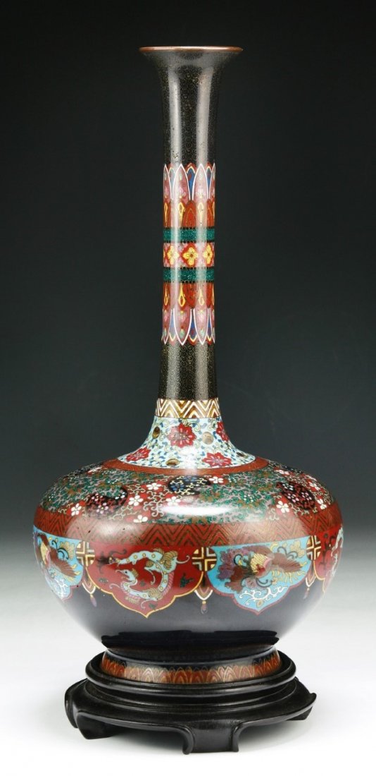 A Japanese Antique Cloisonne Brass Vase: A Japanese Antique Cloisonne Brass Vase: presented on a wood stand; Size: H: 13"; (overall) H: 13-3/4"