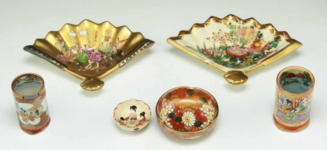 Six (6) Japanese Antique Gilt Satsuma & Kutani Items: Six (6) Japanese Antique Gilt Satsuma & Kutani Items: signed on the bases and of 19th Century; Size: L: 4-1/2" (biggest)