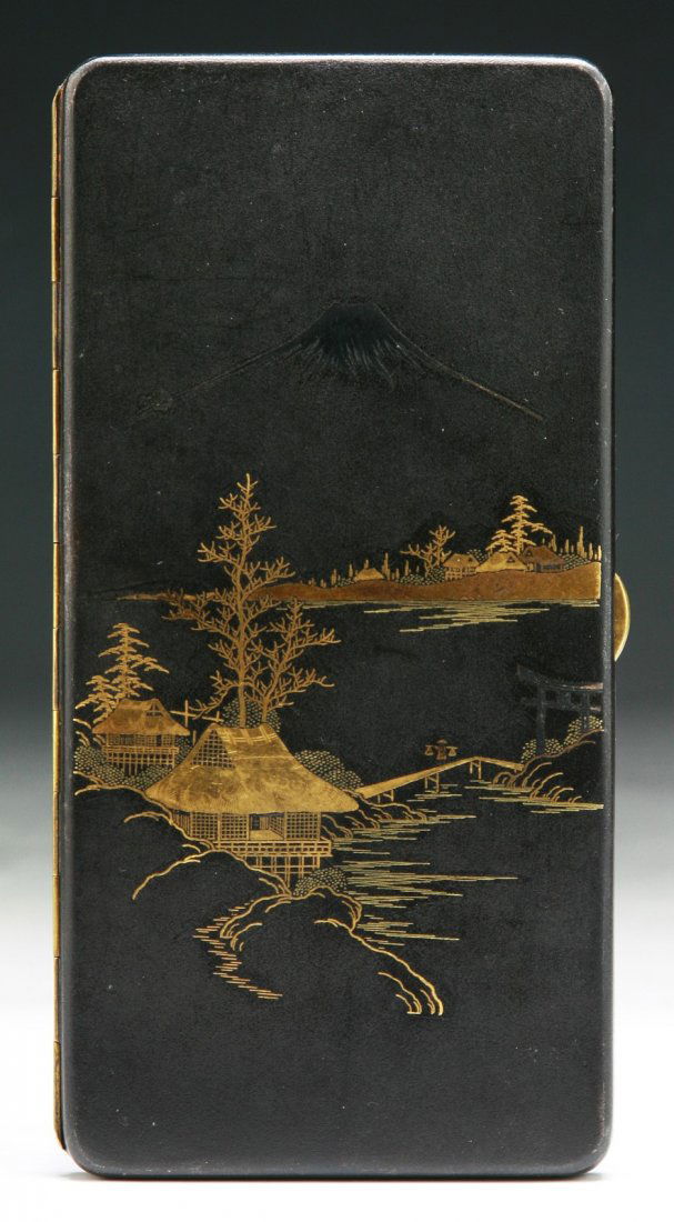 A Japanese Antique Engraved Damascene Cigarette Case,: A Japanese Antique Engraved Damascene Cigarette Case: well decorated with the scene of mountainous riverscape, inlaid with 24K gold, signed and Circa 1900; Size: L: 6"