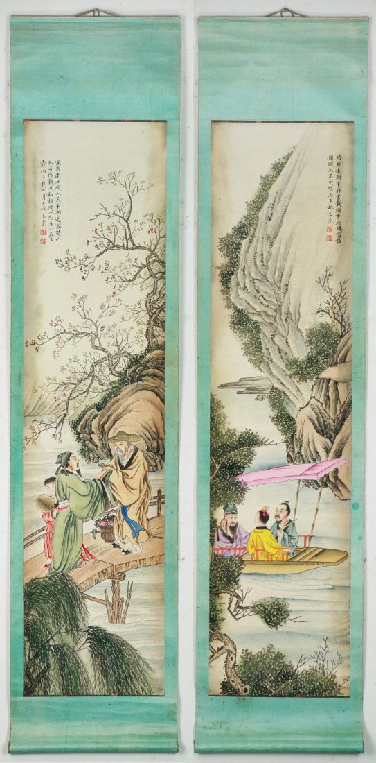 Two (2) Chinese Antique Paper Hanging Painting Scrolls: Two (2) Chinese Antique Paper Hanging Painting Scrolls: Figures within landscape, attributed to Wang, Su, ink and color on paper, sealed and inscribed by the artist; Size: H: 51"; W: 12-3/4" (overall)
