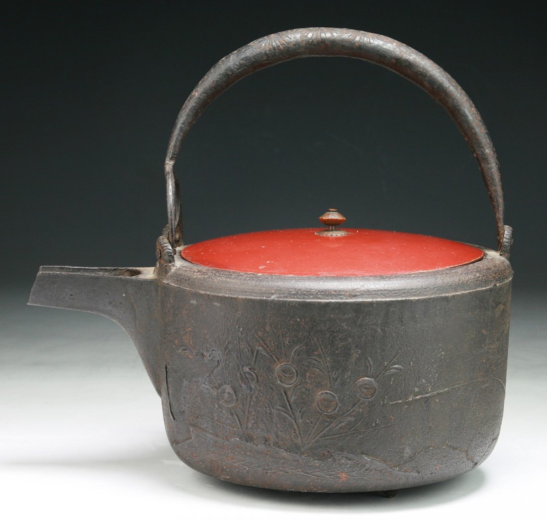 A Fine Japanese Antique Iron Teapot With Cover: A Fine Japanese Antique Iron Teapot With Cover: of 19th Century; Size: H: 8-1/2"; L: 9"