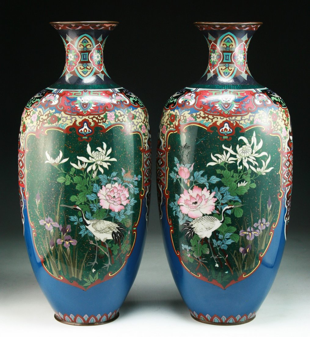 Pair Big Japanese Antique Silver Ando Cloisonne Vases: Pair Big Japanese Antique Silver Ando Cloisonne Vases: of 19th Century; Size: H: 18-1/4"