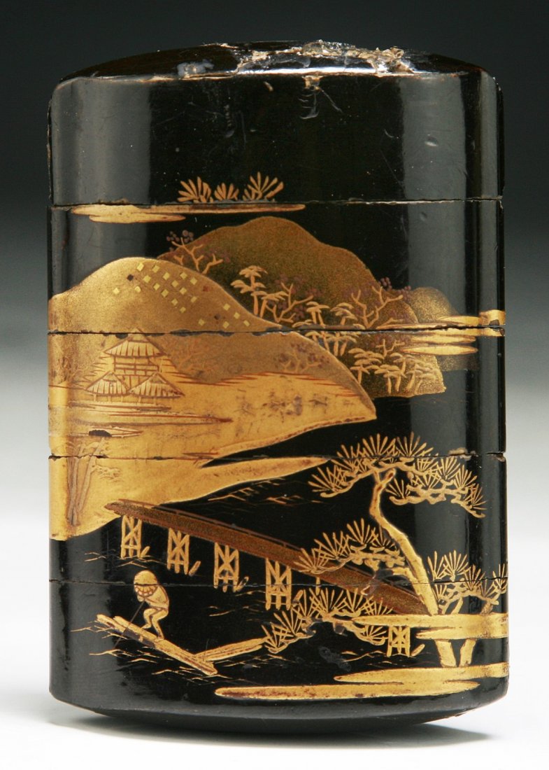 A Japanese Antique Lacquered Wood Inro: A Japanese Antique Lacquered Wood Inro: brown wood three-case inro, finely detailed carved scene of landscape, of 19th Century; Size: H: 3"