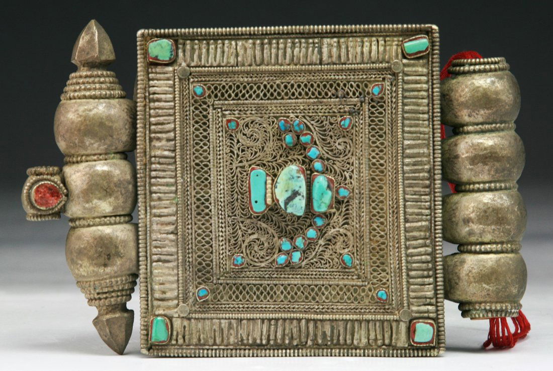 A Tibetan Antique Jeweled Bronze Box: A Tibetan Antique Jeweled Bronze Box: inlaid with turquoise, of 18th/19th Century; Size: H: 5-1/2"