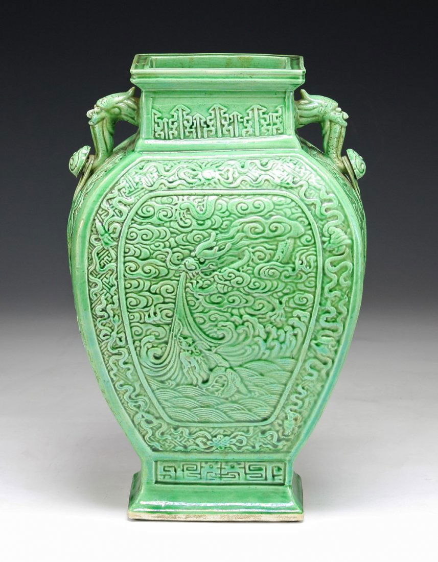 A Chinese Antique Green Glazed Square Porcelain Vase