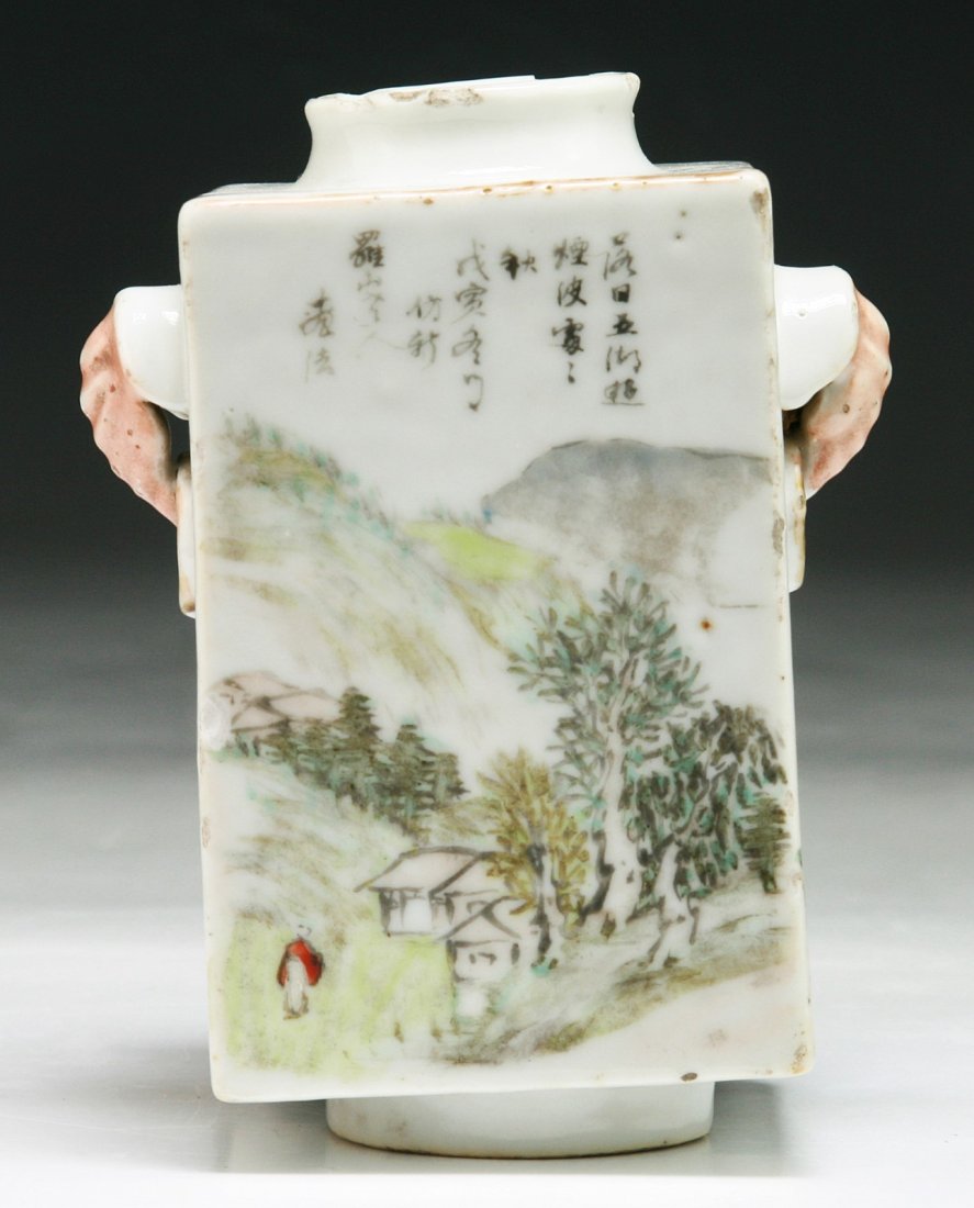 A Chinese Antique Famille Rose Square Porcelain Vase: A Chinese Antique Famille Rose Square Porcelain Vase; Size: H: 5"