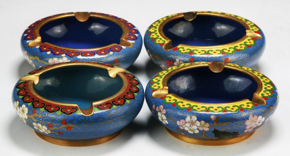 Four (4) Chinese Vintage Cloisonne Bronze Ash Trays: Four (4) Chinese Vintage Cloisonne Bronze Ash Trays; Size: D: 4" (each)