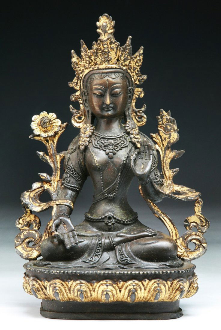 A Tibetan Antique Gilt Bronze White Tara: 西藏十九世紀銅鎏金白度母像 A Tibetan Antique Gilt Bronze White Tara, 19th Century; Size: H: 8-1/2"