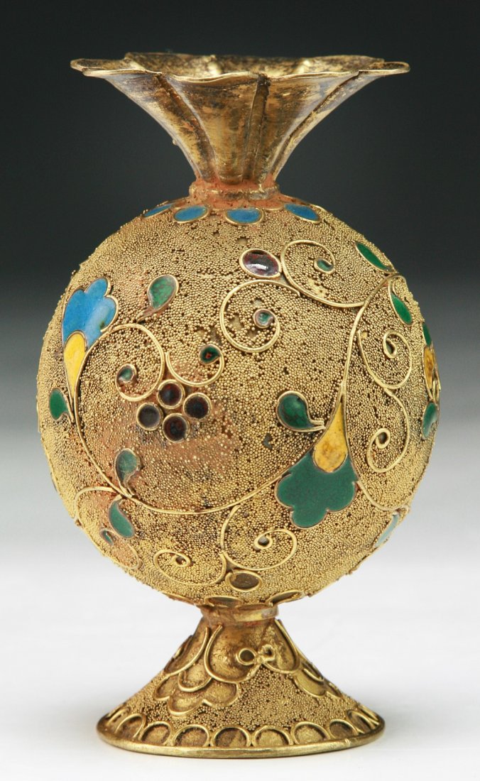 Antique Gilt Cloisonne On Brass Champleve Vase: Antique Gilt Cloisonne On Brass Champleve Vase; Size: H: 3-3/4"