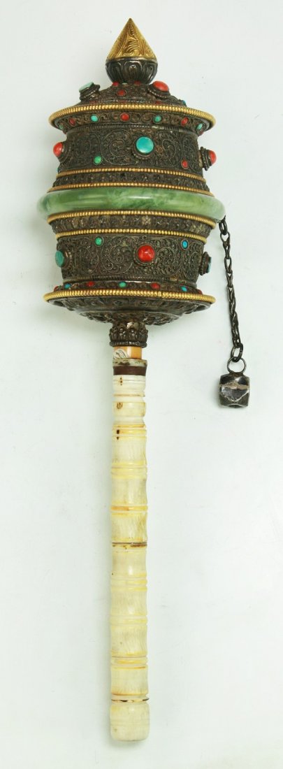 A Tibetan Antique Jeweled Cloisonne On Bronze Ritual: A Tibetan Antique Jeweled Cloisonne On Bronze Ritual Item: inlaid with coral and turquoise beads, of Qing Dynasty; Size: H: 13-1/2"