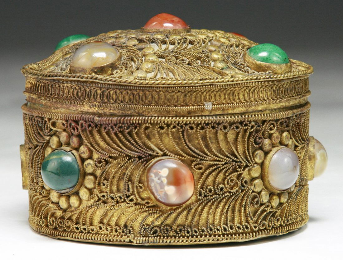 A Tibetan Antique Jeweled Bronze Box With Cover: A Tibetan Antique Jeweled Bronze Box With Cover: inlaid with tourmaline beads, of Qing Dynasty; Size: D: 4-1/4"; H: 3-1/4"