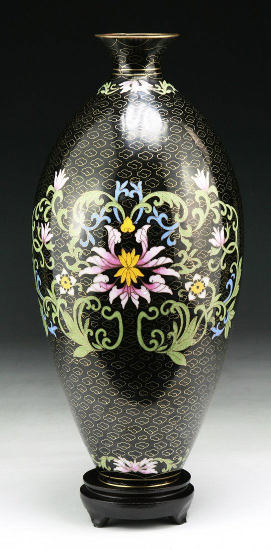 A Japanese Antique Silver Ando Cloisonne Vase: A Japanese Antique Silver Ando Cloisonne Vase: presented on a wood stand, of 19th Century; Size: H: 12"; (overall) H: 13"