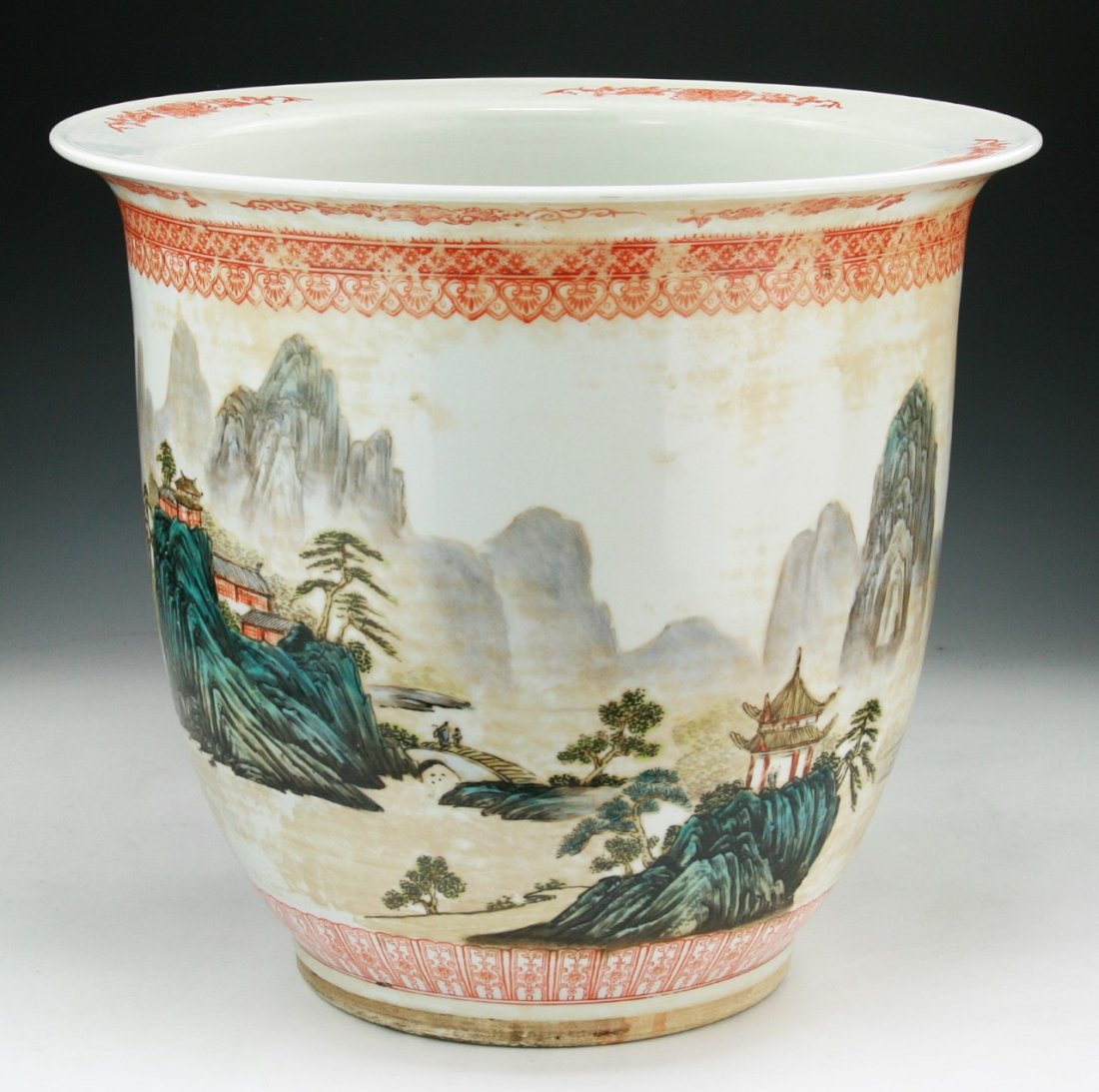A Big Chinese Antique Famille Rose Porcelain Pot: A Big Chinese Antique Famille Rose Porcelain Pot: finely painted around the body with mountainous riverscape, of Minguo period; Size: D: 15-3/4"; H: 14-1/4"