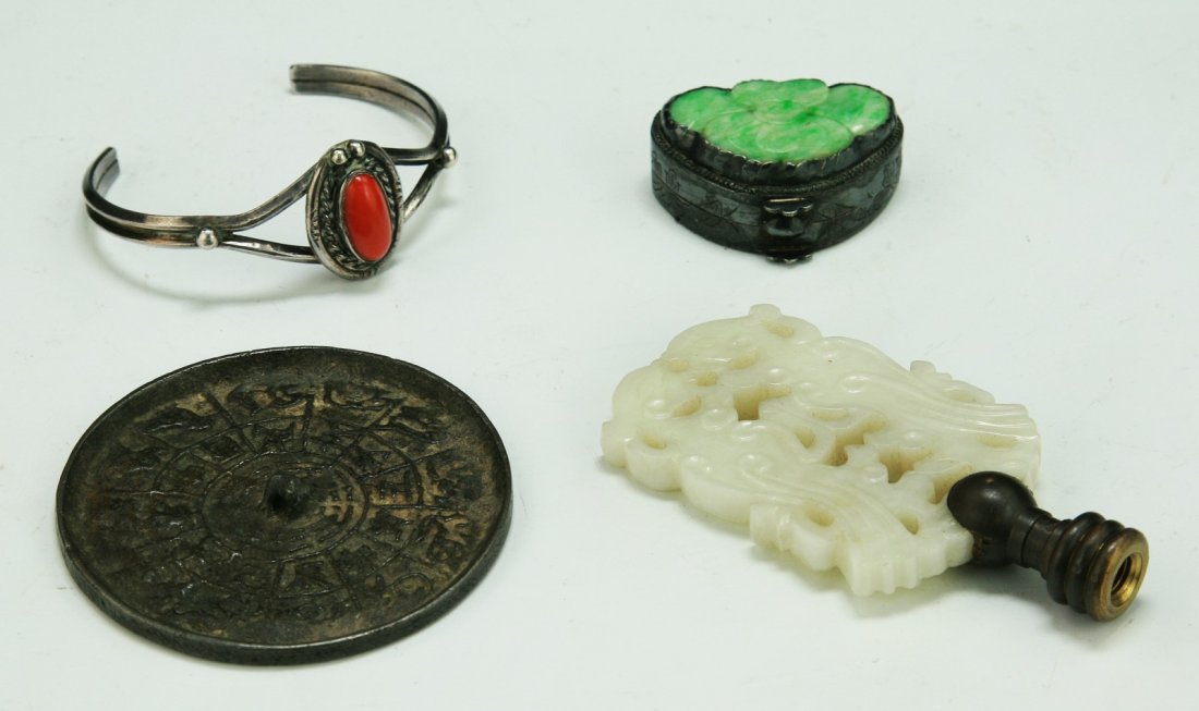 Four (4) Chinese Mixed Jade, Coral and Silver Items: Four (4) Chinese Mixed Jade, Coral and Silver Items: including a coral and silver ring, a jadeite and silver pill box, a jade and brass lamp shade finial and a miniature bronze mirror; Size: H: 3-1/4"