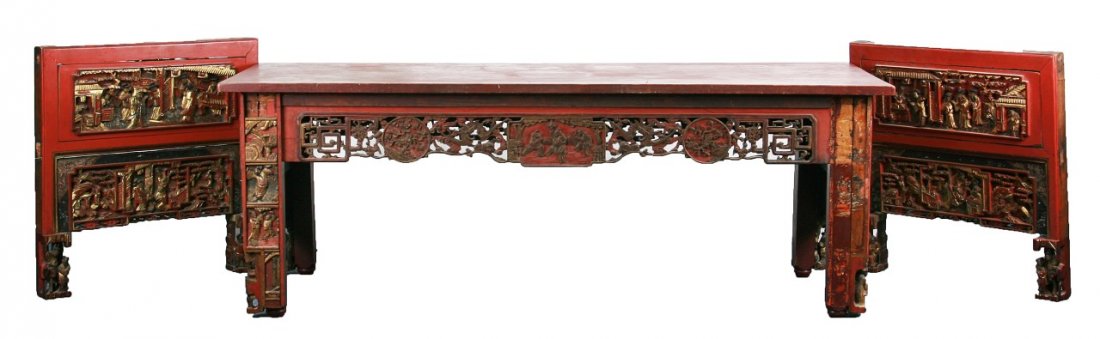 Set of Chinese Antique Wooden Table & Pair Table Ends: Set of Chinese Antique Wooden Table & Pair Table Ends: of Late Qing Dynasty; Size: L: 53" (biggest)