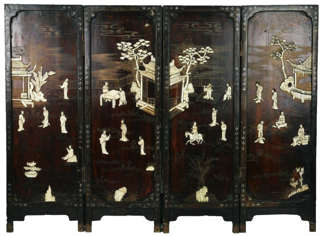 Four (4) Chinese Antique Applique Wood Screens: Four (4) Chinese Antique Applique Wood Screens: depicting figures within pavillion, Circa 1900; Size: W: 48"; H: 36"