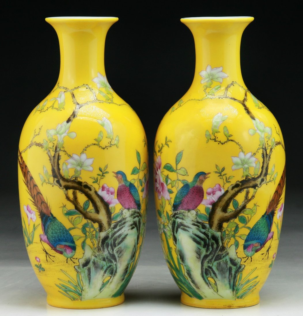 Pair Chinese Yellow Glazed Porcelain Vases