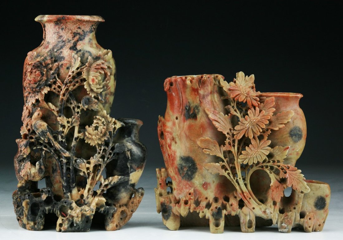 Two (2) Chinese Carved Soapstone Vase Group: Two (2) Chinese Carved Soapstone Vase Group; Size: H: 9" (biggest)