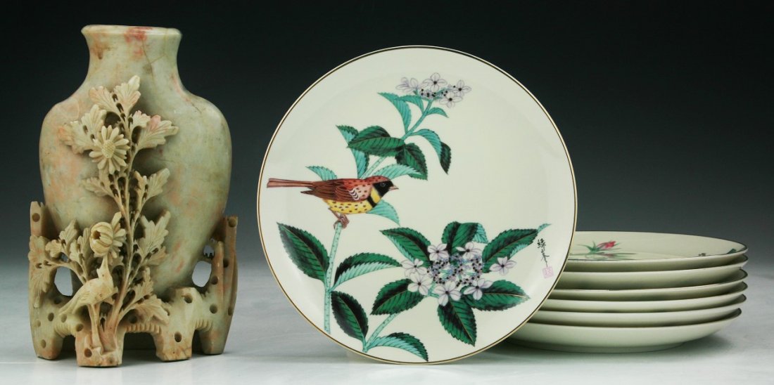 Seven (7) Chinese Porcelain Plates & Soapstone Carving: Seven (7) Chinese Porcelain Plates & Soapstone Carving; Size: H: 8" (biggest)