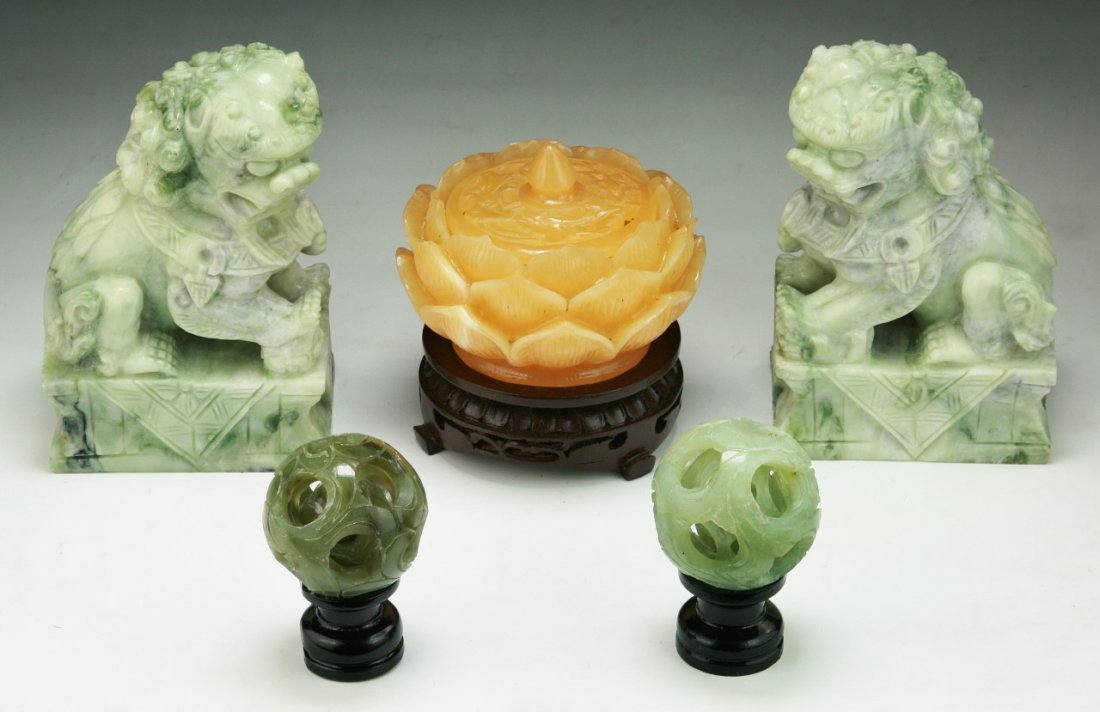 Five (5) Chinese Stone & Jadeite Carved Items: Five (5) Chinese Stone & Jadeite Carved Items: including pair lions, pair pierced carved balls on stands and one lotus on stand; Size: H: 5-3/4" (biggest)