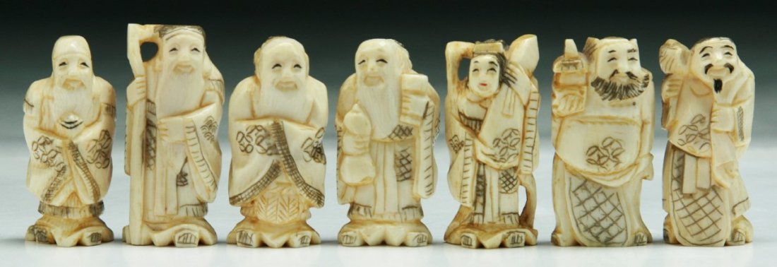 Seven (7) Japanese Antique Ivory Carved Lucky Gods: Seven (7) Japanese Antique Ivory Carved Lucky Gods; Size: H: 1-3/4" (biggest)