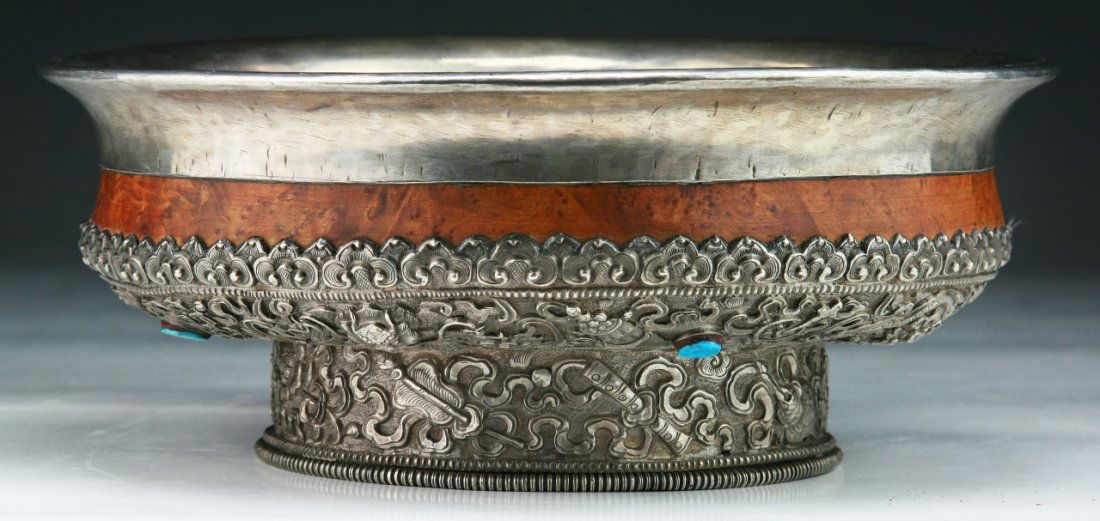 A Jeweled Tibetan Antique Silver Bowl: A Jeweled Tibetan Antique Silver Bowl: of 17th/18th Century, weighing 1040 grams; Size: D: 8-3/4", weighing 1040 grams