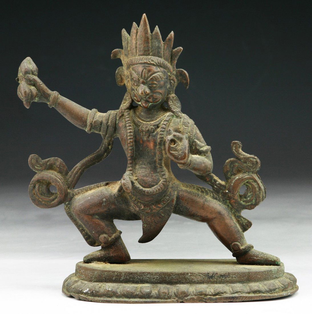 A Tibetan Antique Gilt Bronze Vajrapani: 十八世紀西藏金剛銅像 A Tibetan Antique Gilt Bronze Vajrapani: of 18th Century; Size: H: 6-1/2"