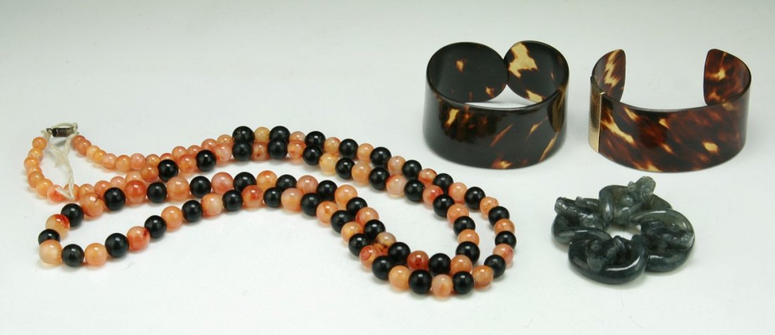 Four (4) Agate Necklace, Jade Pendant & Turtle Shell: Four (4) Agate Necklace, Jade Pendant & Turtle Shell Bangles; Size: L: 34" (biggest)