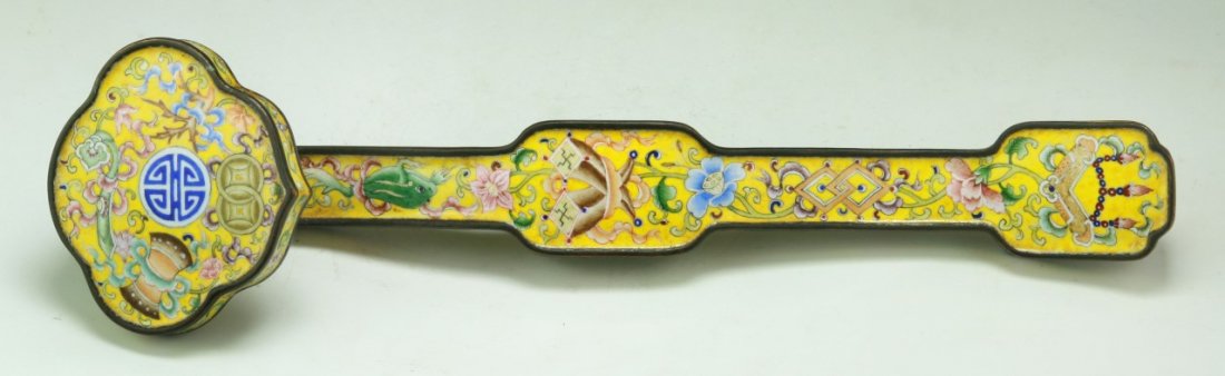 A Chinese Antique Cloisonne On Bronze Ruyi Scepter: A Chinese Antique Cloisonne On Bronze Ruyi Scepter; Size: L: 11-1/2"
