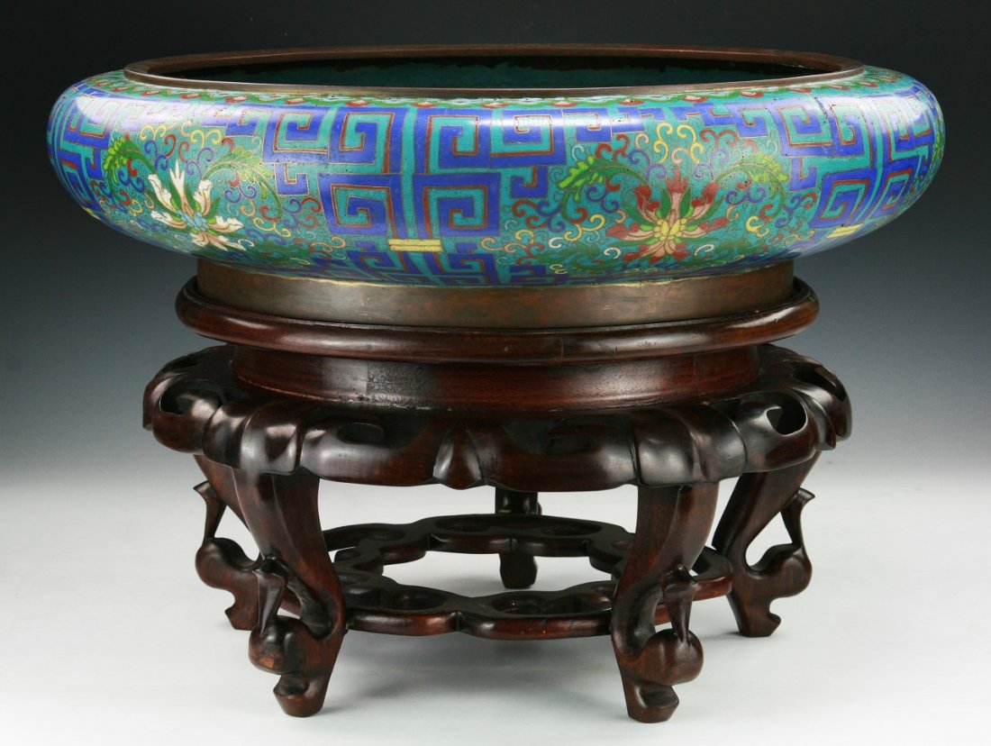 A Massive Chinese Antique Cloisonne Bronze Brush Washer: A Massive Chinese Antique Cloisonne Bronze Brush Washer: presented on a wood stand, of Late Qing Dynasty; Size: D: 19"