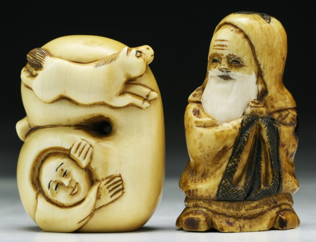 Two (2) Japanese Antique Carved Polychrome Ivory: Two Japanese Antique Carved Polychrome Ivory Netsuke: both signed on the bases; Size: H: 2"