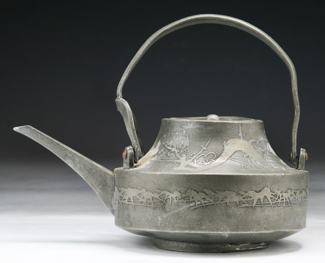 A Chinese Antique Pewter Or Tin Teapot: A Chinese Antique Pewter Or Tin Teapot: Circa 1900; Size: L: 7-1/2"