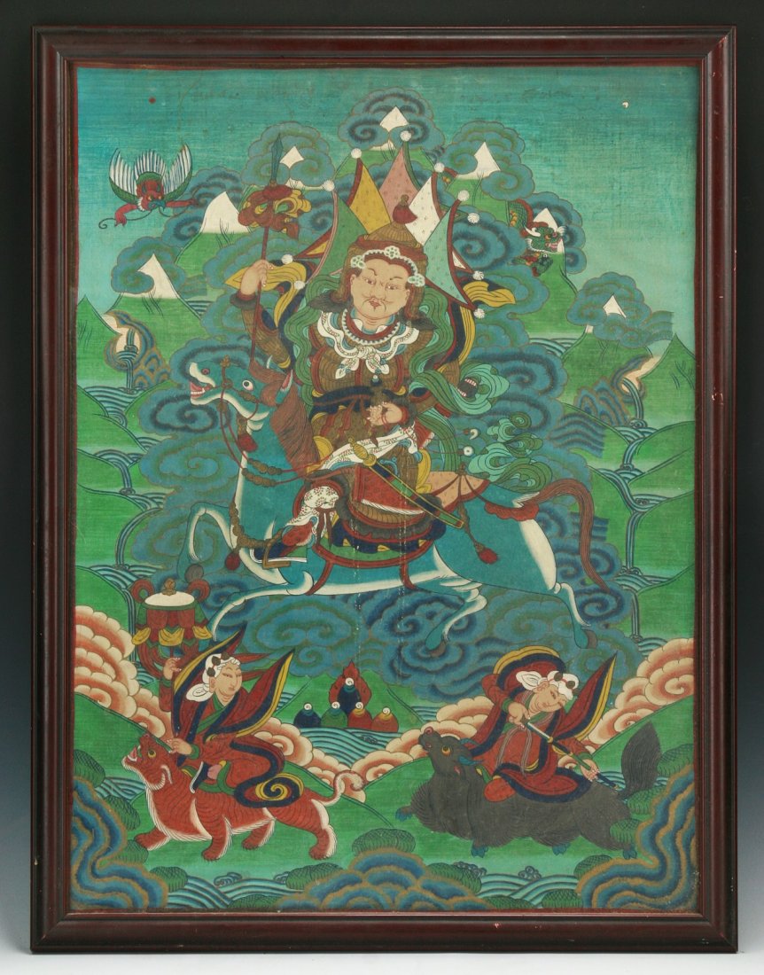 A Tibetan Antique Framed Thangka: A Tibetan Antique Framed Thangka; Size: H: 24-1/2"; W: 18-1/2" (overall)