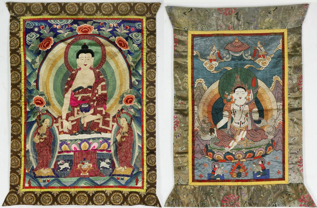Two (2) Tibetan Antique Embroidery Thangka: Two (2) Tibetan Antique Embroidery Thangka: of 15th/16th Century; Size: H: 41"; W: 31"