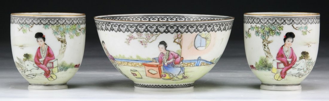 Three (3) Chinese Antique Egg Shell Cups & Bowl: Three (3) Chinese Antique Egg Shell Cups & Bowl: finely painted with the scene of figures within courtyard; of Minguo Period; Size: D: 4-3/4" (bowl)