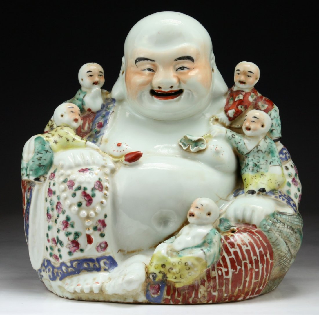 A Chinese Antique Famille Rose Porcelain Buddha: A Chinese Antique Famille Rose Porcelain Buddha: signed on the base and of Minguo Period; Size: H: 11"
