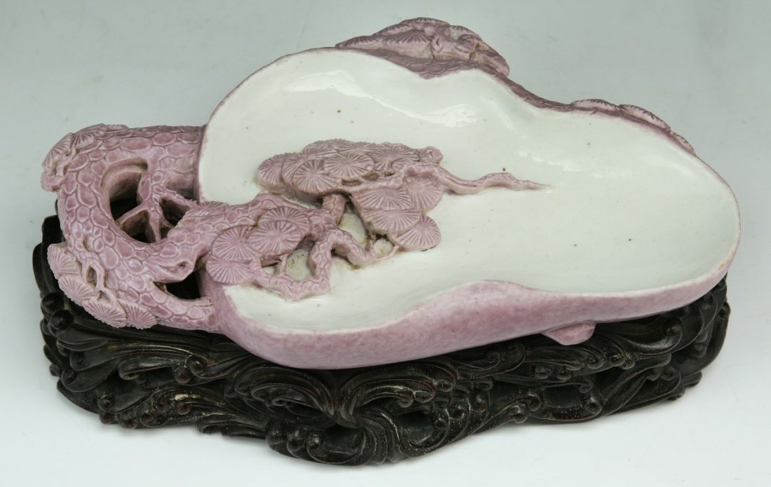A Chinese Antique Purple Glazed Brush Washer: A Chinese Antique Purple Glazed Brush Washer: signed 'Wang Bingrong' on the base, presented on a wood stand; Size: L: 6-1/2"