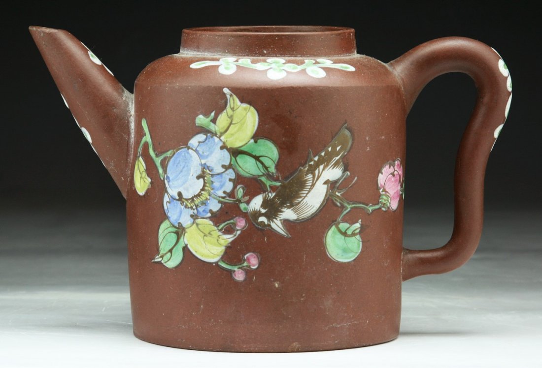 A Chinese Yixing Polychrome Zisha Teapot: A Chinese Yixing Polychrome Zisha Teapot; Size: L: 7-1/2"