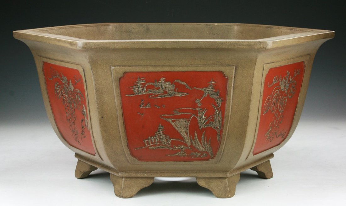 A Big Chinese Yixing Zisha Hexagon Pot: A Big Chinese Yixing Zisha Hexagon Pot; Size: W: 19-1/2"; H: 9"