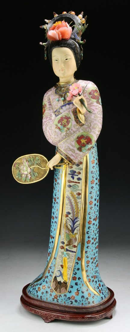 A Big Chinese Antique Carved Ivory & Cloisonne Enamel: A Big Chinese Antique Carved Ivory & Cloisonne Enamel Beauty: decorated with detailed filigree artwork, inlaid with agate and turquoise cabochons, with ivory face and hands, presented on a wood stand;